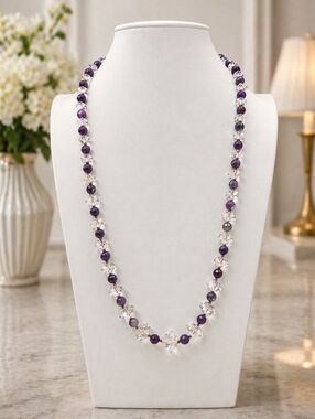 Rock Crystal Purple Ruby Gemstone hand knotted 24 inch necklace